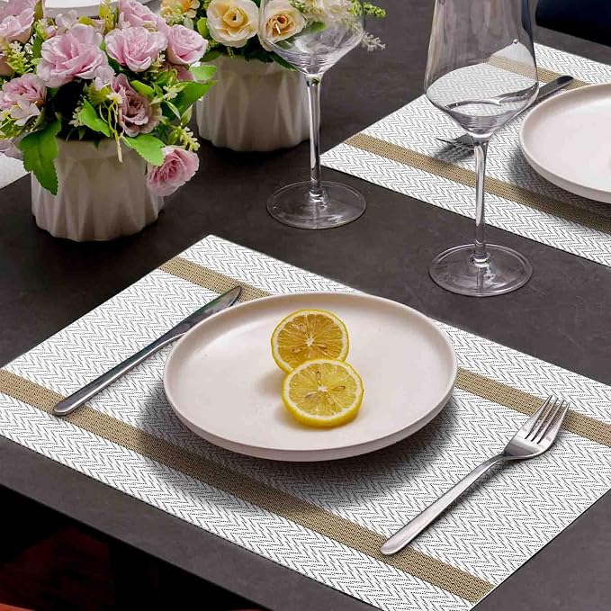 AHHFSMEI Placemats Set of 8 Washable Woven Vinyl Placemats for Dining Table Heat Resistant Non-Slip Stain Resistant Table Mats for Kitchen & Home Decor(White Wave Stripe,8)