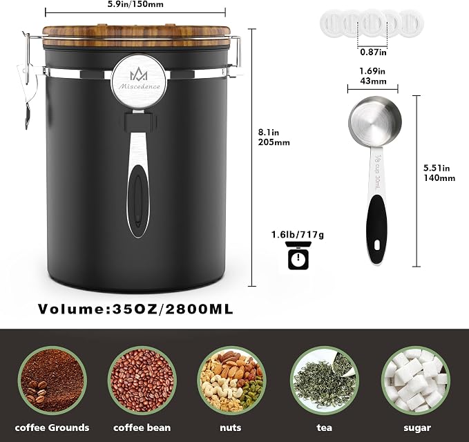 38OZ Coffee Canister for ground coffee with Date Tracker,Wood grain lid 304 Stainless Steel Kitchen Food Airtight storage container for Coffee Beans or Grounds, Tea, Sugar
