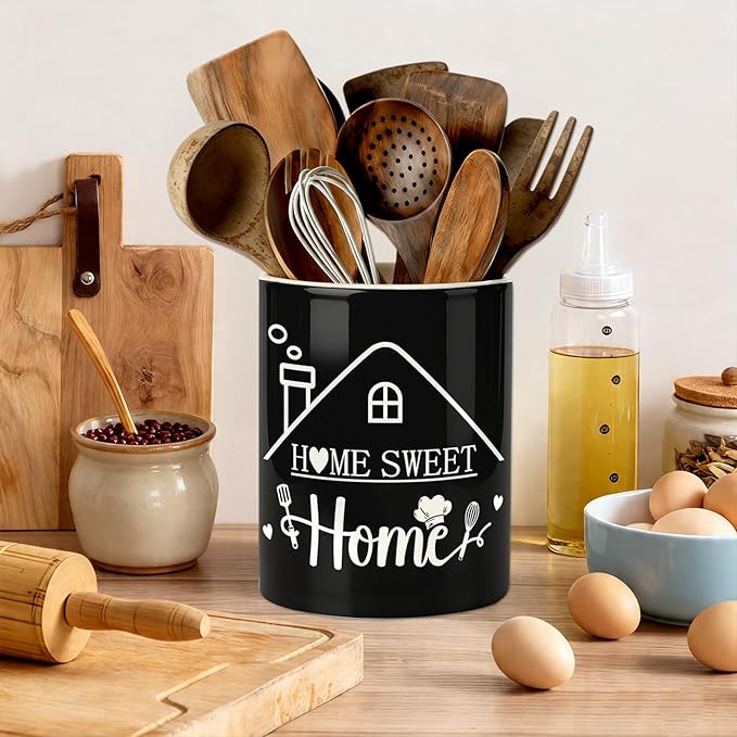Black Kitchen Utensil Holder, Home Sweet Home Ceramic Utensil Holder , Cooking Utensil Crocks for Kitchen Countertop, Kitchen Decorations Rustic Farmhouse Decor
