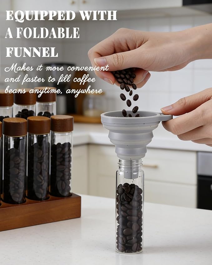 Single Dose Coffee Bean Storage Tubes, 12 Pcs Coffee Container Set 60ml &80ml Glass Small Coffee Bean Jar with Wooden Lids, Walnut Stand, Foldable Silicone Funnel & Labels