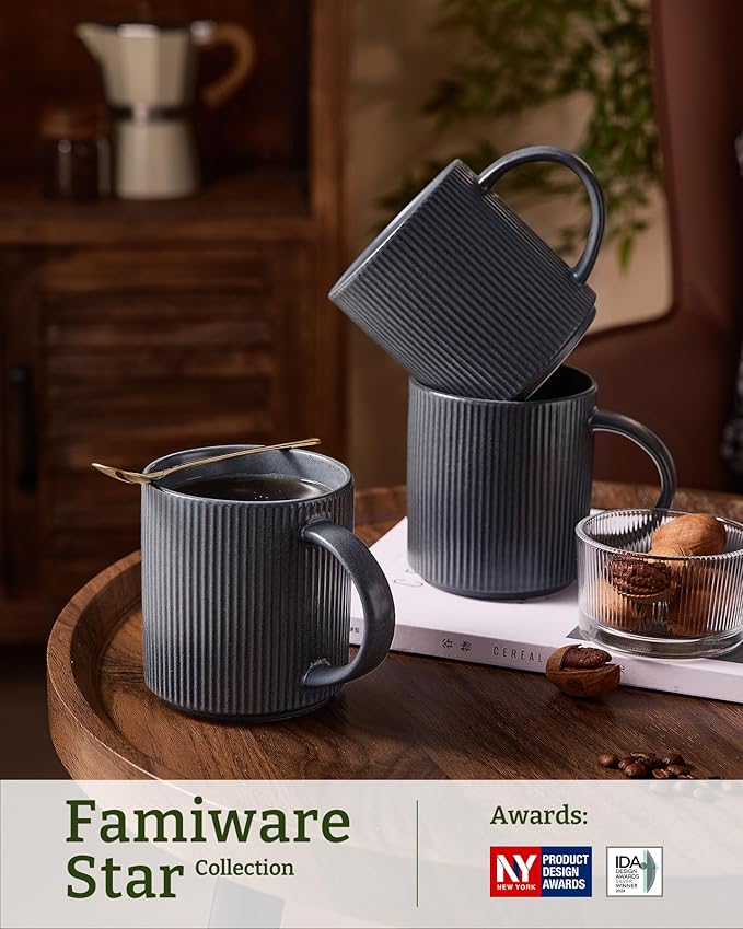 famiware Coffee Mug Set for 4, Star 16 oz Catering Mugs Cup Set with Handle for Coffee, Tea, Cocoa, Milk - Ceramic Stoneware Drinkware Set, Matte Dark Charcoal