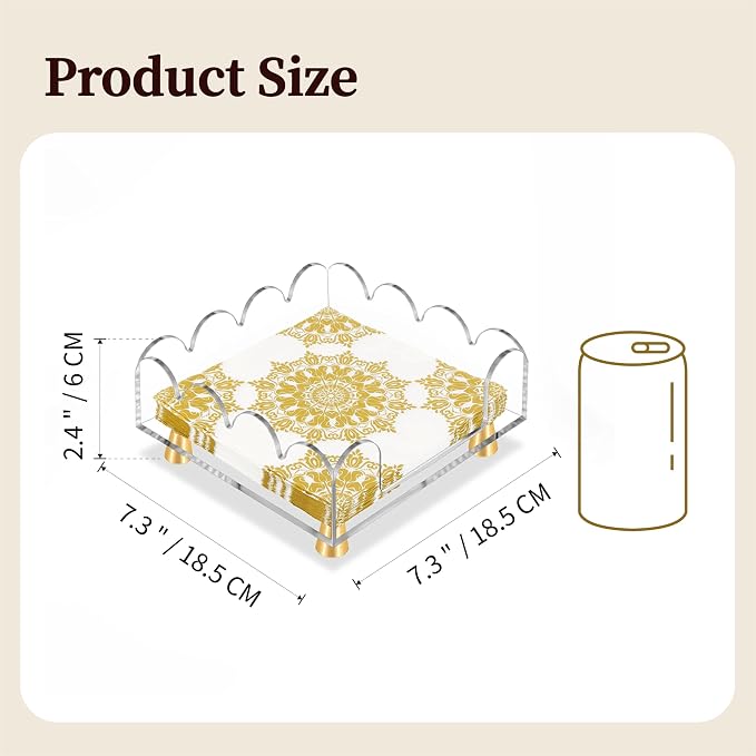 Acrylic Napkin Holder with Gold Metal Feet - Elegant Clear Tissue Organizer for Bathroom, Dining Table & Vanity (Square)