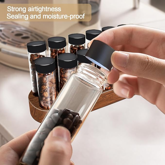 Single Dose Coffee Bean Storage Tubes - 12pcs Coffee Beans Container,Coffee Vials dosing container,glass espresso container with Wood Display Stand and Funnel (Type 1)