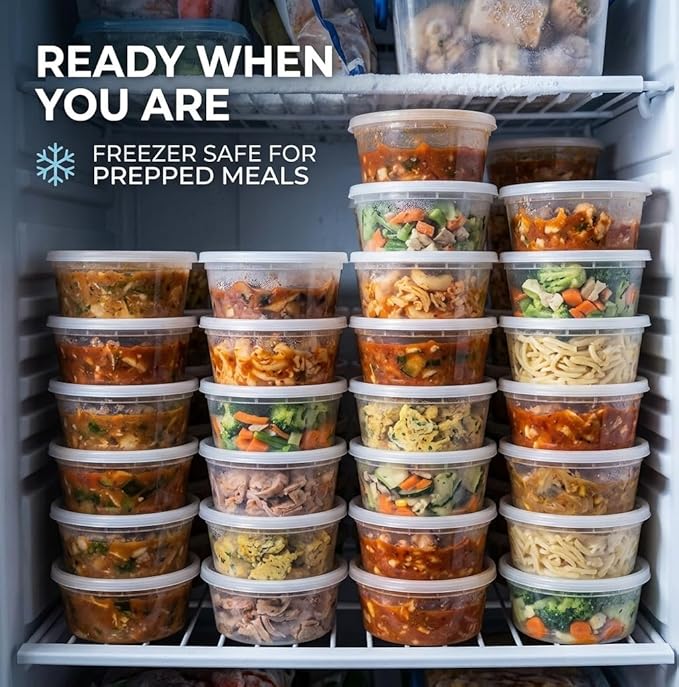 Mr Miracle 8OZ Deli Containers with Lids - 48 Pack of 8 oz Clear Airtight Reusable Plastic Food and Multi-Purpose Deli Containers - Microwave, Freezer, and Dishwasher Safe