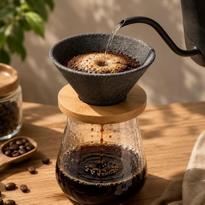 Reusable Drip Ceramic Coffee Filter With Premium Bamboo Tray, High Temperature Resistant, No Paper Pour Over Coffee Makers, Large Capacity for Home-Office-Travel Coffee Brewing