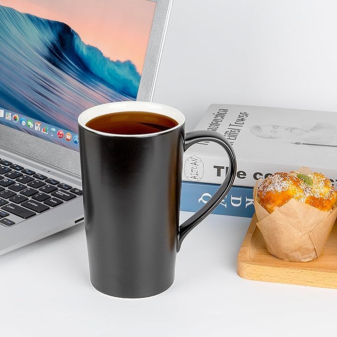 20 OZ Large Diner Coffee Mugs,Tall Beer Cups,Matte Black Couple's Cups with Handle,Oversized Cylindrical Design Modern Ceramic Tea Cup for Dad Mom Friends Gift.Set of 2