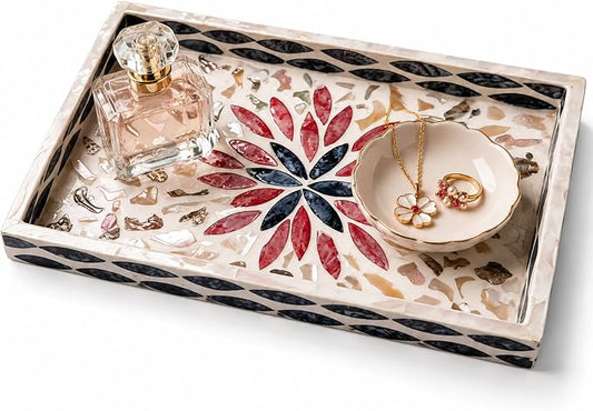 Mother of Pearl Inlay Wooden Tray – Handmade Decorative Rectangle Serving Tray for Coffee Table, Kitchen, Bathroom, Vanity or Living Room Decor ，Red Sunburst