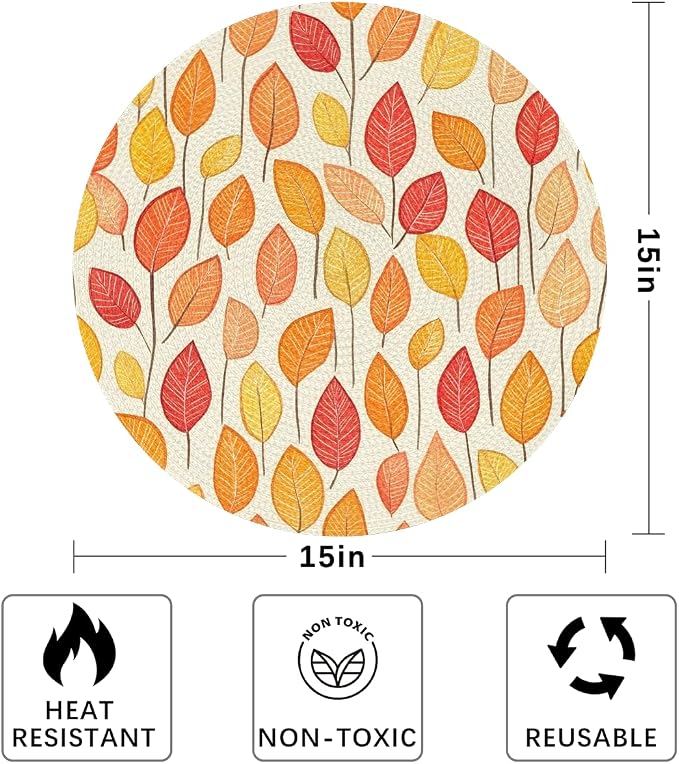 Round Placemats Set of 6, Autumn Maple Leaves Woven Placemats Mats Non-Slip Heat Resistant Washable Table Mats Round Braided Place for Farmhouse Kitchen Dining Party Decor 15in-15