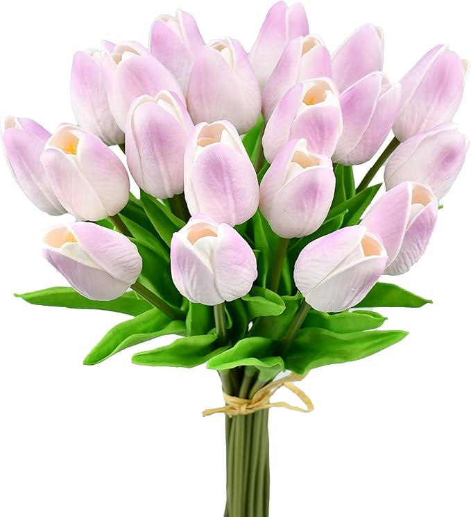 Mandy's Light Purple Artificial Tulips Flowers Centerpiece, 13.5" Lifelike PU Fake Floral Stems 20pcs for Kitchen Island & Dining Table, Spring Decor for Easter