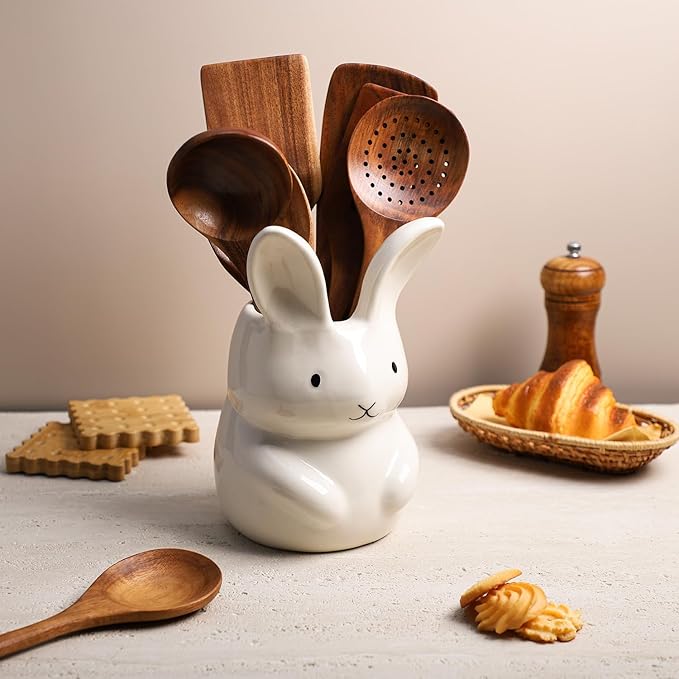 SOCOSY Ceramic Rabbit Kitchen Utensil Holder For Countertop Large Cooking Utensil Crock Holder Spatula Holder, Pure White