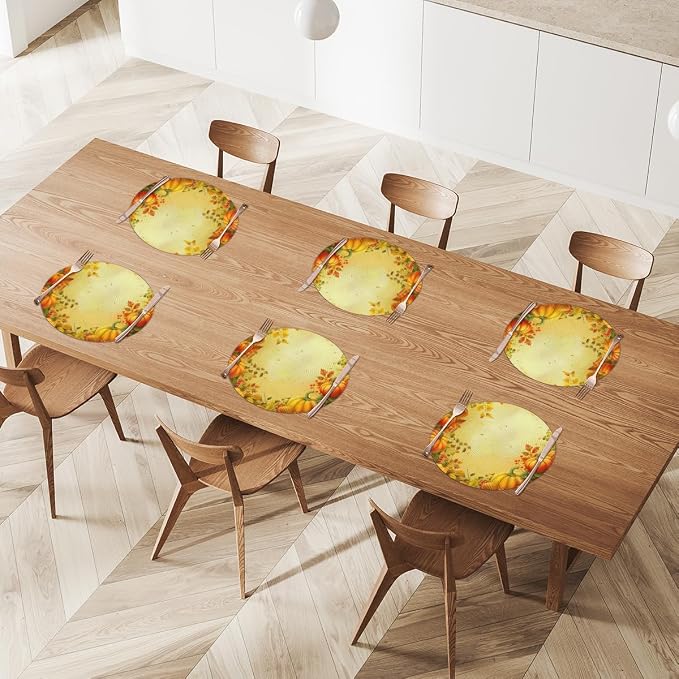 Round Placemats Set of 6, Autumn Pumpkin Maple Leaves Woven Placemats Mats Non-Slip Heat Resistant Washable Table Mats Round Braided Place for Farmhouse Kitchen Dining Party Decor 15in