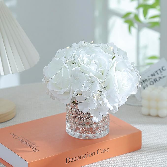 Rose Silk Flower Arrangement Artificial Vivid Rose in Glass Vase with LED Light Elegant Centerpiece for Home Wedding Bathroom Table Shelf Decoration (Pure White)