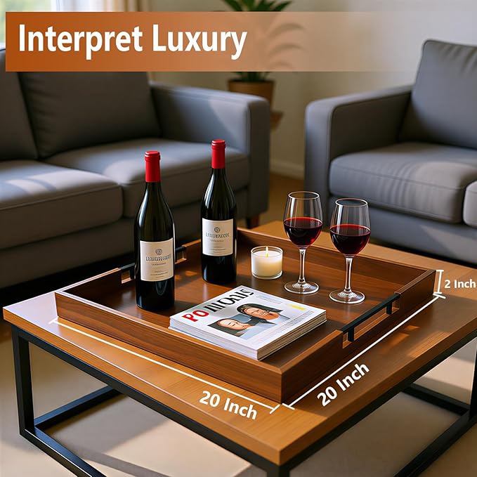 20 Inch Large Square Ottoman Tray, Premium Acacia Wooden Serving Tray with Metal Handles, Large Decorative Tray for Living Room, Ottoman, Coffee Table, Charcuterie Trays Use for Kitchen