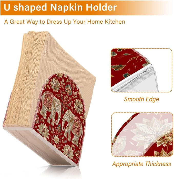 Napkin Holder Acrylic Napkin Holder for Table Kitchen Party Restaurant U Shaped Upright Napkin Dispenser Organizer Red Retro Elephant Flowers