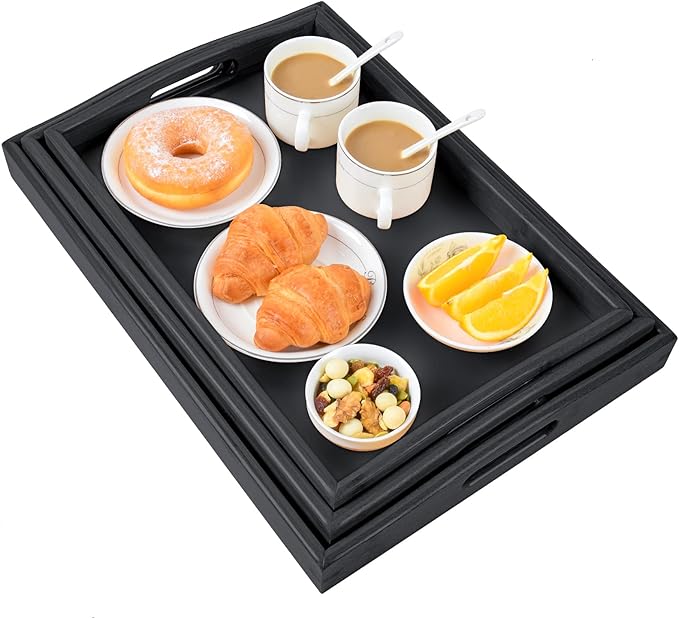 3 Pack Bamboo Serving Trays with Handles, Rectangular Kitchen Food Tray for Eating, Dinner Trays for Eating on Couch, Wood Serving Platter for Breakfast, Tea, Bar, Restaurant, Party or Bed (Black)