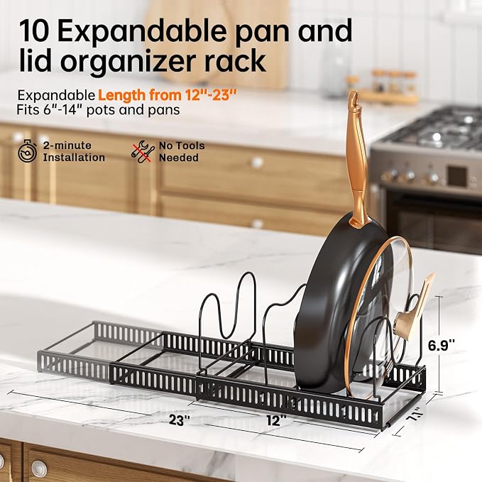 MUDEELA 8-Tier Heavy Duty Adjustable Pots and Pans Organizer and 10 Expandable Pans Organizer Rack for under Cabinet Bundle