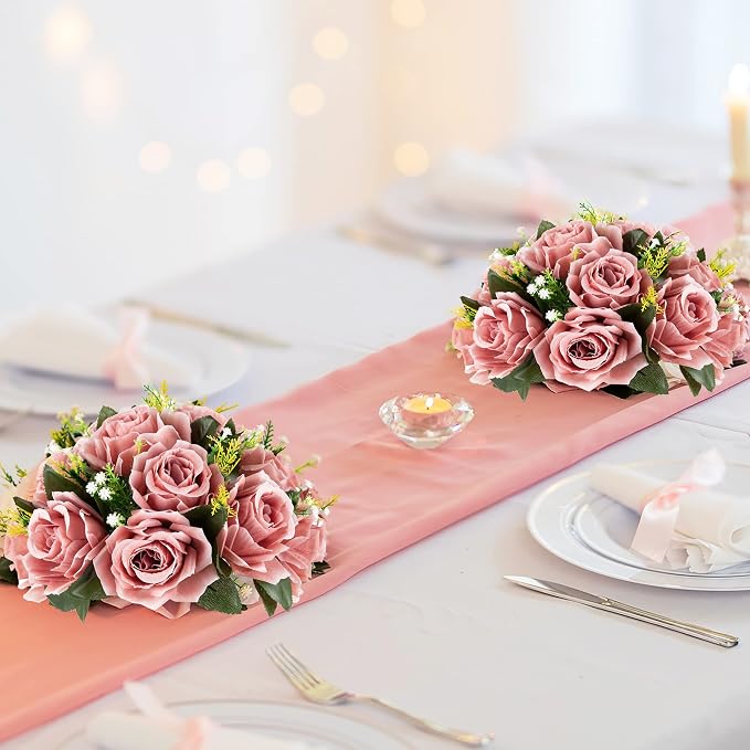 BLOSMON Dusty Pink Flowers Decoration: 6 Pcs Artificial Roses Flowers Balls for Wedding Dinning Table Centerpieces - Fake Silk Kissing Floral Arrangement for Home Party Event | Fake Wedding Dinning Table Centerpieces - Faux Silk Kissing Bouquet Floral ...