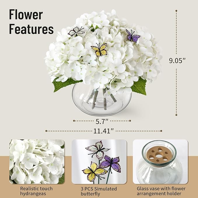Leftover Hydrangea Artificial Flowers with Vase,White Real Touch Hydrangea Flowers with Butterfly,Faux Hydrangea Flowers for Floral Centerpieces for Tables,Home Decor,Wedding Decor,Coffee Table Decor
