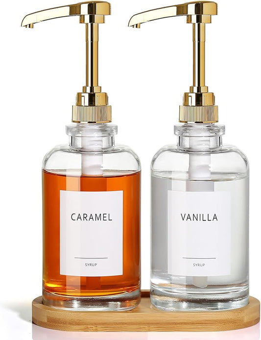 Coffee Syrup Dispenser, Glass Syrup Pump Dispenser for Coffee Bar Accessories, Maple Syrup Bottles with Tray, Simple Syrup Bottles with 1/4oz Large Capacity Gold Pump, 2 Pack 16.9 Fl oz