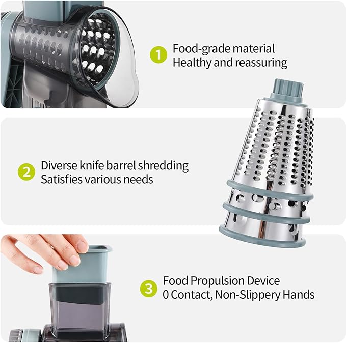 Rotary Cheese Grater, 3-in-1 Shredder for Cheese Vegetables Nuts with Hand Crank - Interchangeable Stainless Steel Blades, Strong Suction Base, Finger-Safe Design, BPA Free, Blue