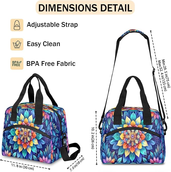 Pardick Blue Flower Mandala Insulated Lunch Bag for Women Girl Reusable Lunch Tote Box With Shoulder Strap Lightweight Thermal Cooler Meal Prep Bag for Work School Office Picnic