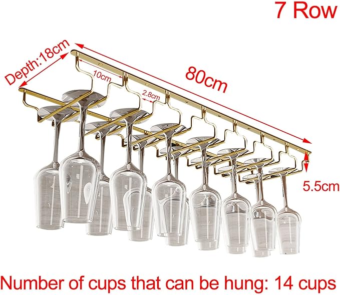 7 Rows Under Cabinet Wine Glass Rack, Hanging Stemware Holder, 304 Stainless Steel Hanger Storage Shelf, Stemware Wine Glass Holder Storage Hanger For Bar Kitchen Cabinet (Size : Width:18cm)