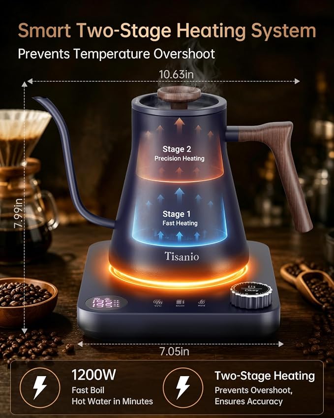 Gooseneck Electric Kettle for Pour Over Coffee, ±1°F Precision Control, Smart Two-Stage Heating, 2-Hour Keep Warm, 0.9L Stainless Steel, Blue Wood Handle