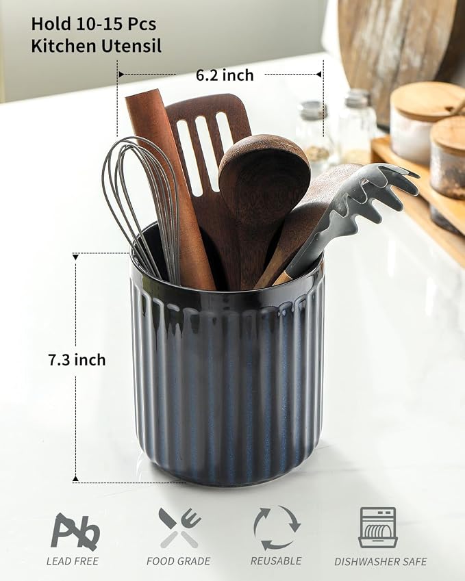 HASENSE Ceramic Utensil Holder, 7.3" x 6.2" Ribbed Utensil Crock for Farmhouse Decor, Porcelain Cooking Utensil Holder for Kitchen Countertop, Utensil Organizer for Housewarming Gift, Navy Blue