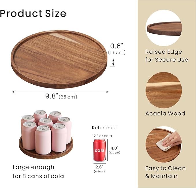 VERTORGAN Acacia Wood Serving Tray,9.8 Inch Decorative Trays Platter for Coffee Table,Living Room,Bar,Party,Mini Charcuterie Boards Cheese Board,Home Decor