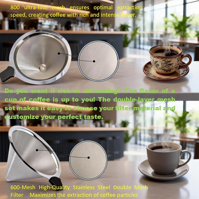 Double Mesh Pour Over Coffee Filter Set - 600+800 Mesh Reusable Stainless Steel Coffee Filter with Detachable Handle, Easy Clean, 2-in-1 for Drip/Cold Brew/Espresso,Fits Most V60/Chemex Brewers