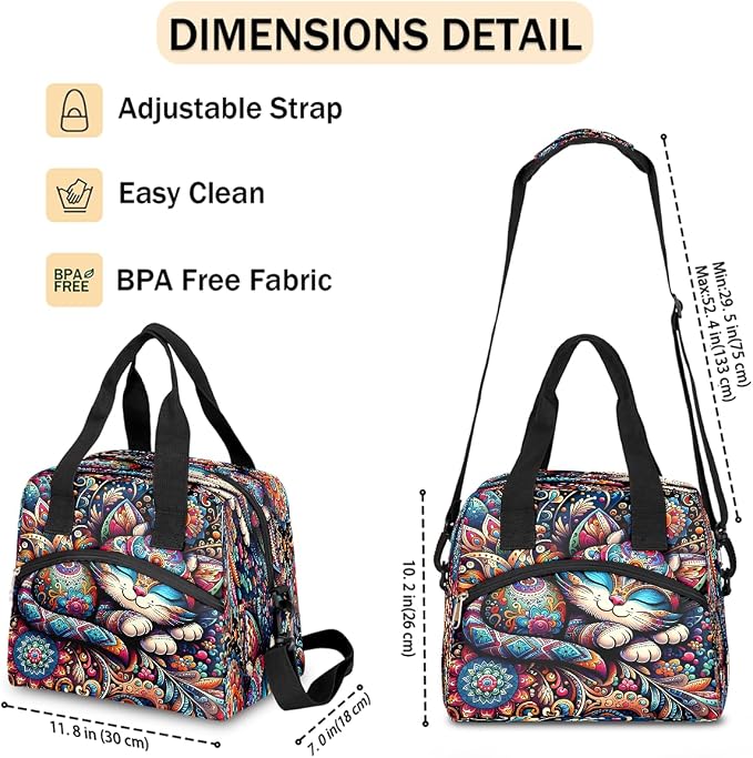 Pardick Art Cat Flower Insulated Lunch Bag for Women Leakproof Lunch Box Large Cooler Thermal Tote Bag with Shoulder Strap Meal Prep Bags for Work School Office Picnic Teen Girls Adult