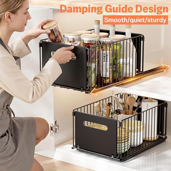 Pull Out Spice Racks for Inside Cabinets, Heavy Duty Under Sink Pull Out Organizer 2 Pack, Slide Out Drawers for Kitchen Cabinets, Bathroom, Pantry Organizers, 14.6”D x 9.6" W x 7" H, Black
