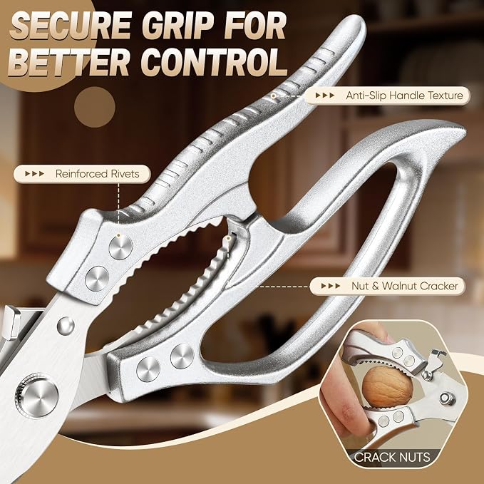Huusk Heavy Duty Kitchen Scissors Set – All Purpose Japanese Poultry Shears for Chicken, Meat, Fish, Vegetables & Pizza with Ergonomic Non-Slip Silver Handle, Gifts for Women Men