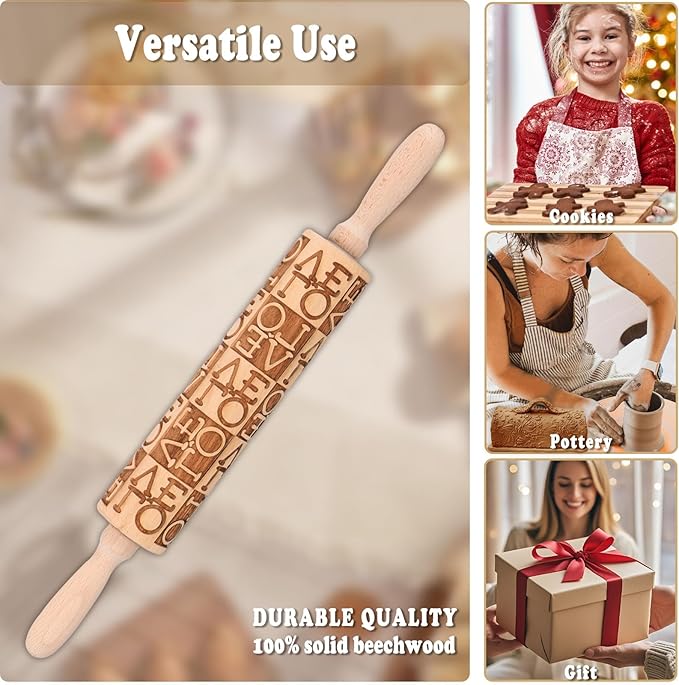 LOVE Embossed Rolling Pins for Cookies, Wooden Engraved Rolling Pins for Baking, Valentine Patterned Embossing Rolling Pin with Designs Decorative Springerle Cookie Mold Stamp Clay Pattern Roller