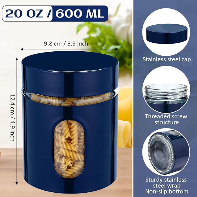 Mimorou 6 Pack Kitchen Canisters Set Airtight Coffee Sugar Tea Storage Jars with Window Glass Stainless Steel Containers with Lids for Flour Cookies Spices Grains Kitchen Decorations(Navy Blue,20 oz)