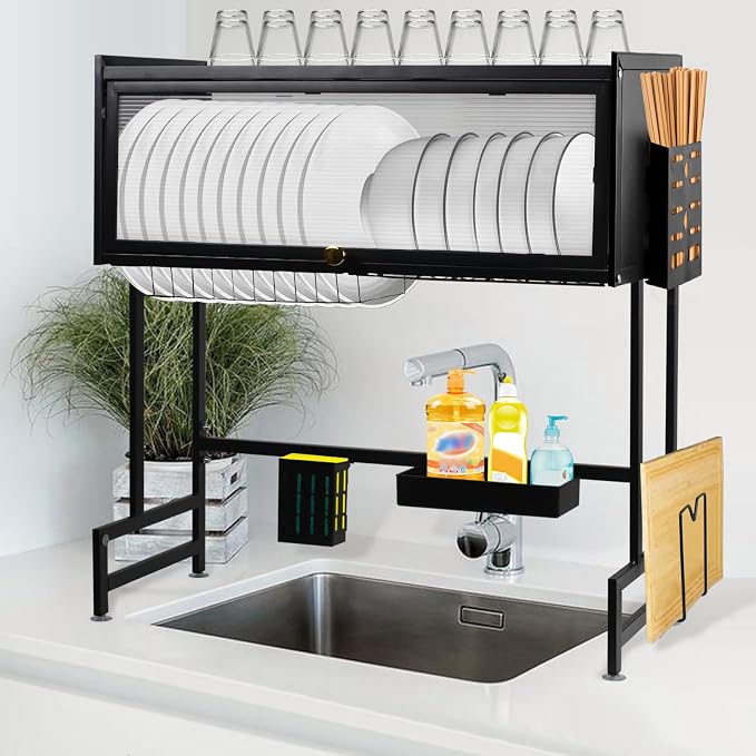 Over The Sink Dish Drying Rack - 3 Tier Large Capacity Metal Dish Drainer Over The Counter Dish Rack Kitchen Sink Shelf with Cover for Kitchen Storage & Organization Black