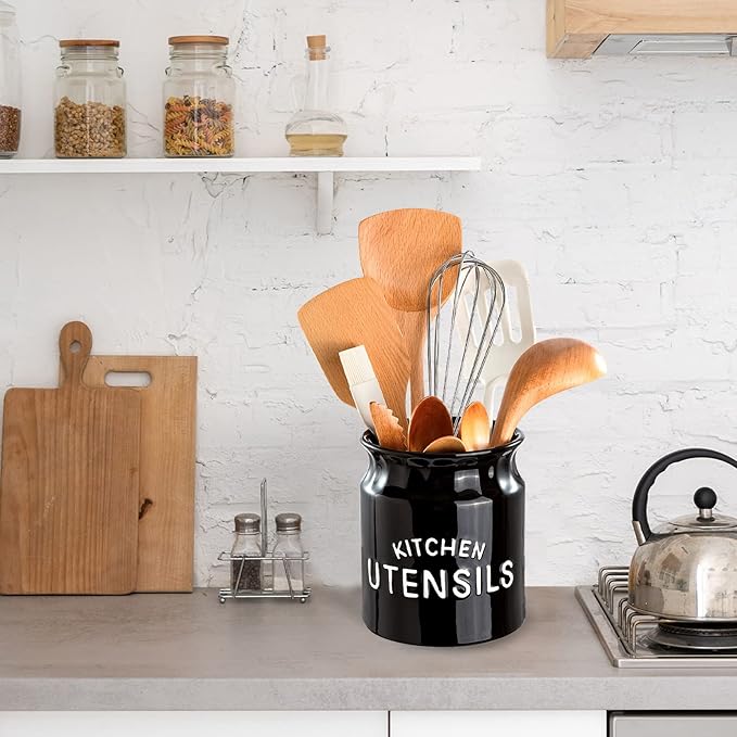 Utensil Holder, Ceramic Farmhouse Kitchen Utensil Holder for Countertop, 6.5" Large Cooking Utensil Crock for Kitchen Counter, Black