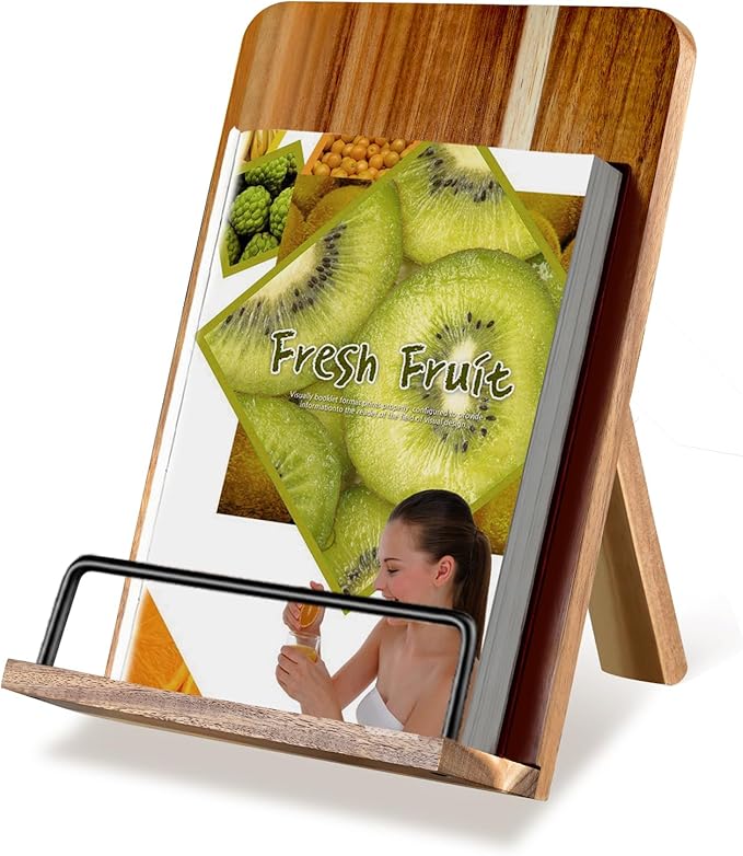 Acacia Wood Cookbook Stand for Kitchen Counter - Adjustable Recipe Book Holder & Tablet Stand - Heavy Duty Hands-Free Bookstand for Large Cookbooks, iPad & Bible - Rustic Farmhouse Decor