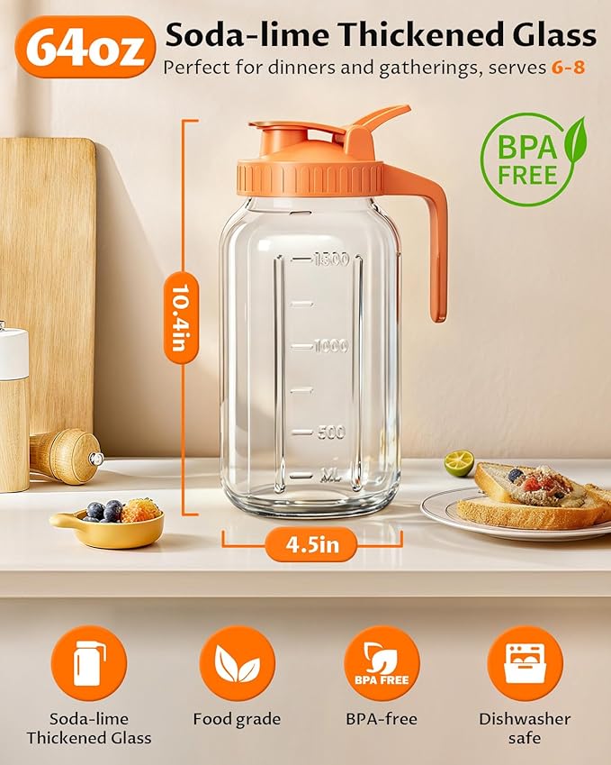 Glass Pitcher with Airtight Lid and Spout, 64oz Mason Jar Pitcher - Wide Mouth, Leakproof Water Jug for Juice, Sun Iced Tea, Cold Brew Coffee, Milk Storage, Orange