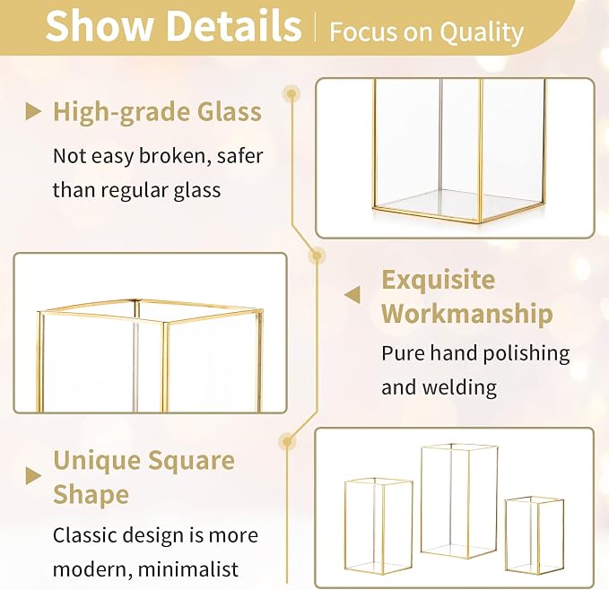 Nuptio Glass Hurricane Candle Holder Set of 6 Gold Pillar Candle Holders Large Rectangular Candleholder Table Centerpieces Decoration for Wedding Party Thanksgiving Ornaments 9.5 & 8.1 & 6.5 inch