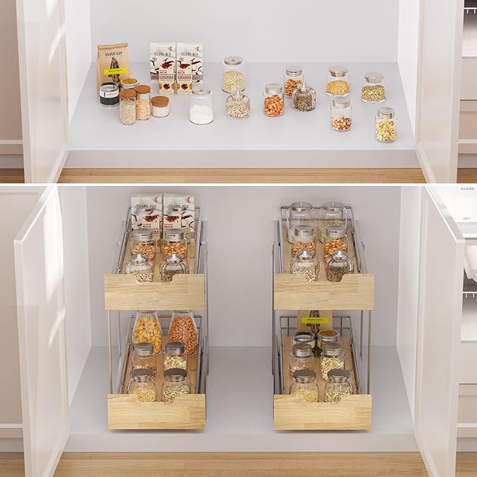 Sikarou Pull Out Cabinet Organizer,Heavy-Duty Slide Out Shelf, Wood and Wire Basket, Pull Out Drawer for for Kitchen Under Sink Space, Pantry, Bathroom, 2 Tie 9 * 21 in