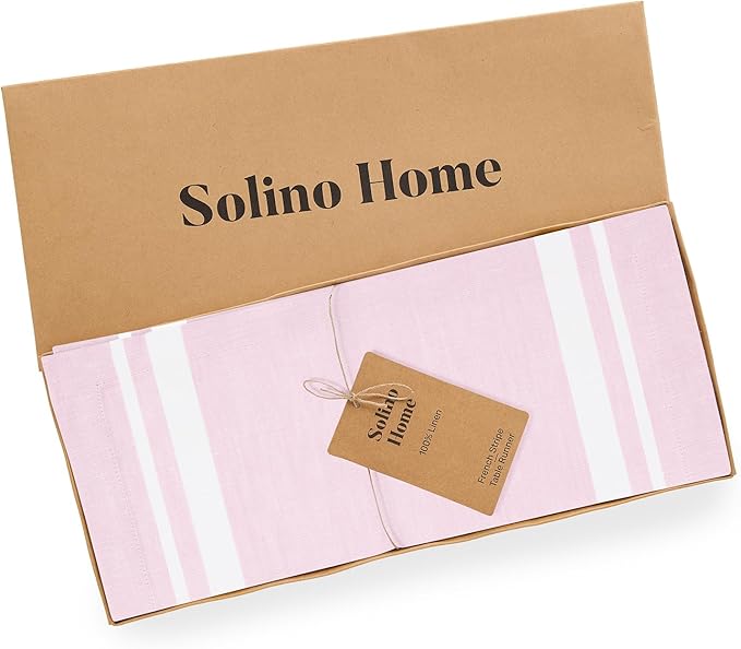 Solino Home Linen Table Runner 48 Inches - 100% Pure Linen White and Dusty Pink French Stripe Table Runner 14 x 48 Inch Ideal for Dresser and Coffee Tables - Spring, Summer