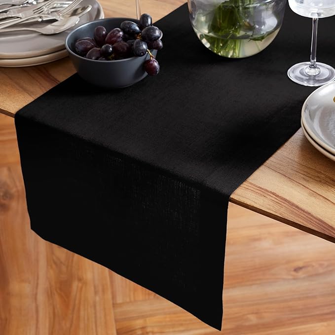 Solino Home 100% Pure Linen Black 48 Inches Table Runner - 14 x 48 Inch for Dining, Coffee Tables, Dressers - Sonoma Collection - Summer, Spring Decor