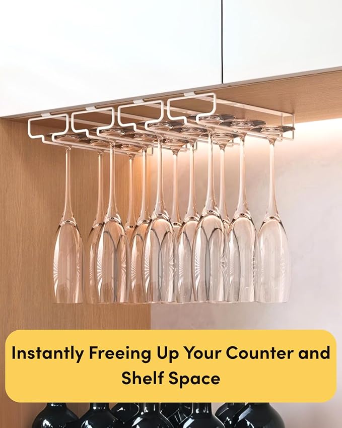 LINFIDITE 2 Pack Wine Glass Holder Stemware Rack Hanger Under Cabinet Wine Glass Rack Kitchen Hanging Storage Rack Organizer,White(For Partition Thickness under 0.98")