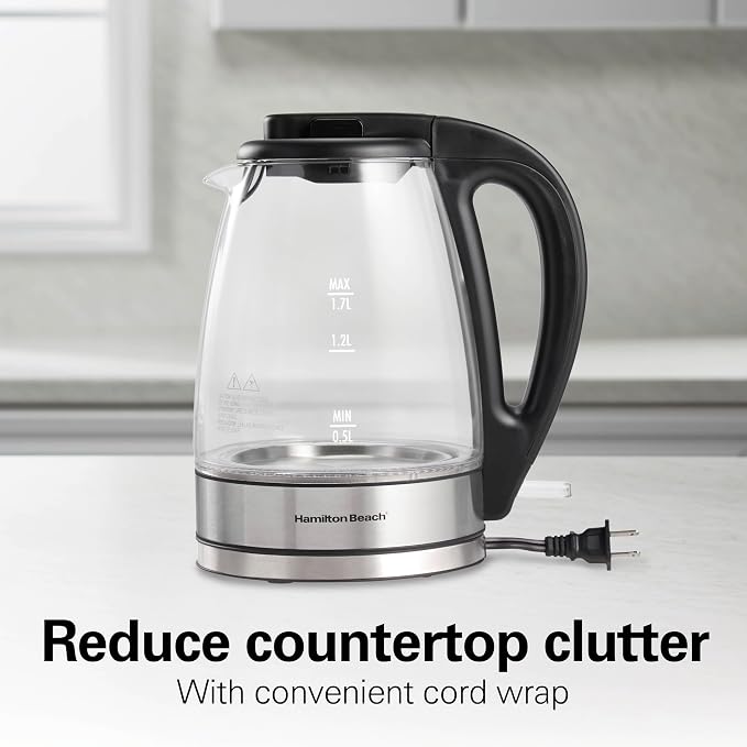 Hamilton Beach 1.7L Electric Kettle, Water Boiler & Heater, LED Indicator, Built-In Mesh Filter, Auto-Shutoff & Boil-Dry Protection, Cordless Serving, Clear Glass (40864)