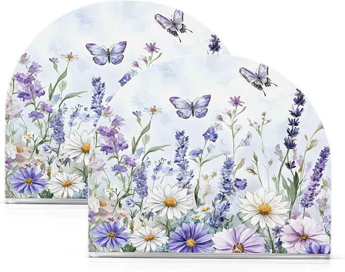 Spring Wild Flowers Purple Butterfly Napkin Holder for Tables Paper Cocktail Napkin Holders for Kitchen Dinning,Acrylic Dinner Napkin Dispenser for Restaurant Home Decor Bar Accessories 2 Pack