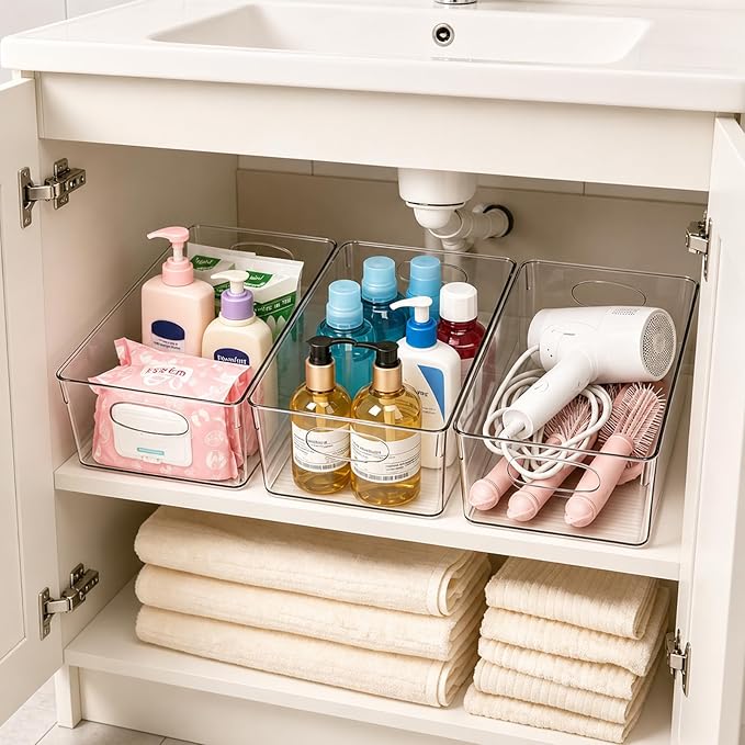 UFORU 5 Pack Clear Pantry Organizers and Storage, Stackable Plastic Storage Bins with Handles, Clear Storage Bins for Kitchen, Fridge, Freezer, Cabinet and Containers for Pantry Organization