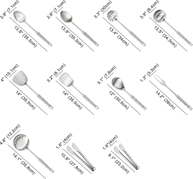 304 Stainless Steel Kitchen Utensils Set, 11PCS Metal Cooking Utensil Sets, Stainless Steel Cooking Utensils Set Include Meat Fork, Tongs, Turner, Soup Ladle, Dishwasher Safe