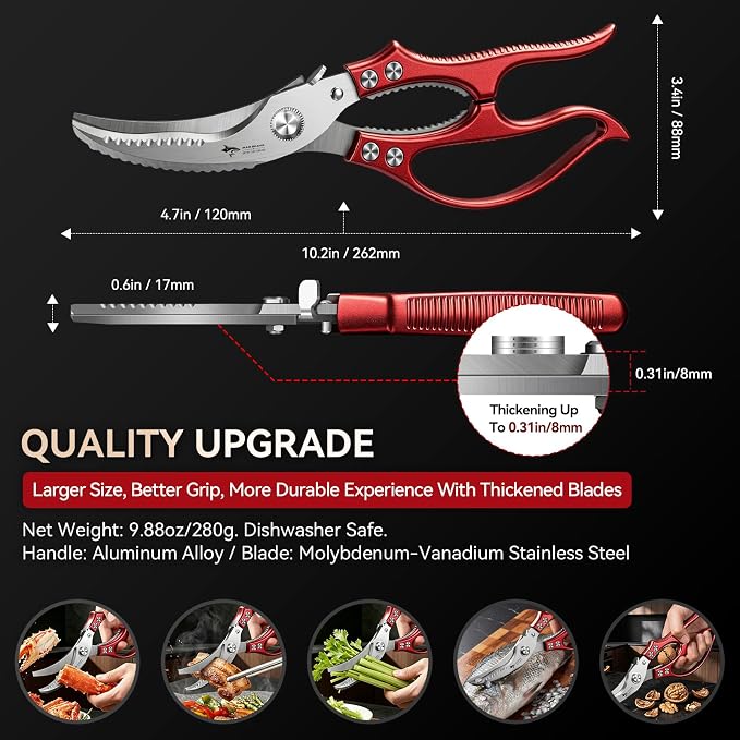 MAD SHARK Professional Heavy Duty Poultry Shears - Kitchen Shears for Spatchcocking Chicken and Meat Cutting, Multi-Purpose Kitchen Scissors for Food, Spring-loaded (Red)