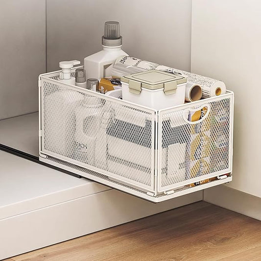 Pull out Cabinet Organizer with Sliding Drawer, 1 Pack Under Sink Organizers and Storage Rack, Adhesive Nano Film Heavy Duty Slide out Pantry Shelves for Kitchen,Sink, 9.6"W x11.8"D x 8.4"H